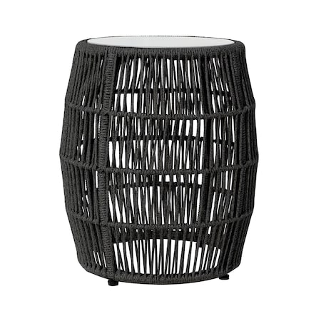 Armen Living Emory Indoor Outdoor Garden Stool End Table in Charcoal Rope and Gray Stone 840254336001